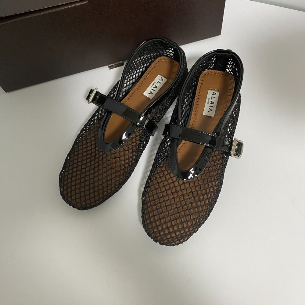 Black and Silver Flats with Mesh Design and Ankle Strap - Picture 2 of 8